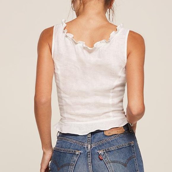 Reformation Kiera Tank Linen white Sleeveless Ruffle Ruffles crop Scoop tie top - Picture 4 of 7